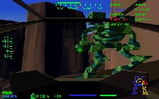 A screen shot from Mech Warrior 2 whose graphics were typical of the early days of the Pentium.